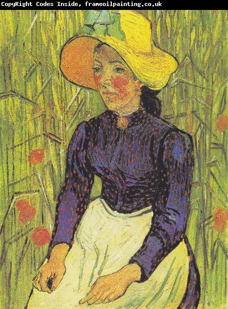 Vincent Van Gogh Young Peasant Woman with straw hat sitting in front of a wheat field